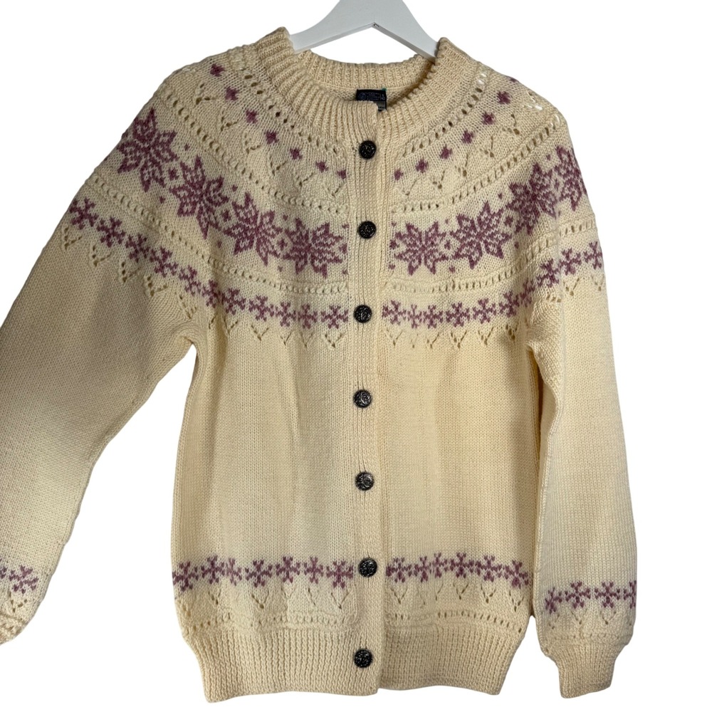 Dale of Norway Wool Cardigan‎ Sweater Women Small Cream Purple Fair Isle Vintage